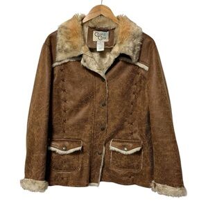 Cripple Creek Faux Fur Coat Womens Large Y2K Penny Lane Jacket Coastal Cowgirl
